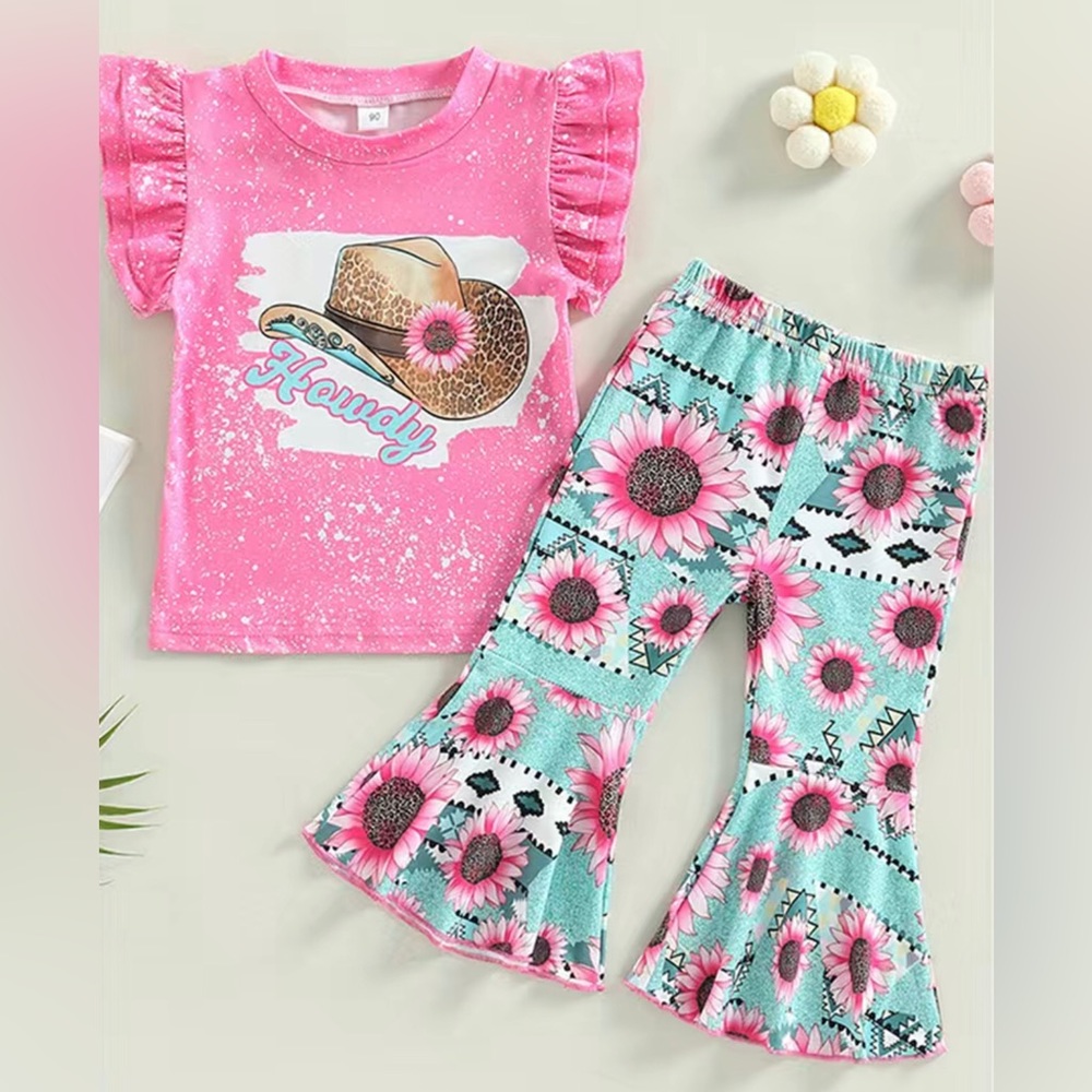 Girls Boutique Western Hat HOWDY Graphic Top & Floral Bell Bottoms Pants Set